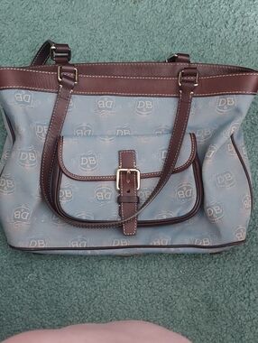 Vintage Dooney & Bourke Light Blue Logo Tote with Brown Trim